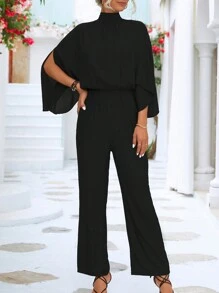 Women's Solid Color Jumpsuit With Slit Sleeves, Black - Black - View 6