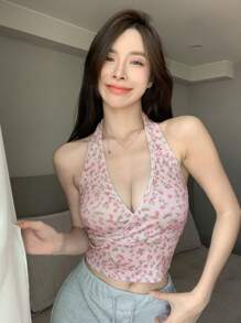 DAZY Ditsy Floral Surplice Front Crop Halter Top Festival,Boho Tops Festival Vacation Cruise - Pink - View 4