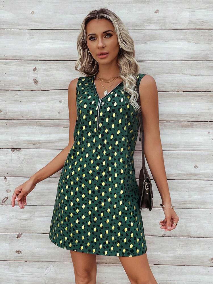 Ladies' Polka Dot Printed Half Zipper Sleeveless Dress