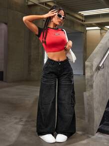 SHEIN ICON Women's Cargo Style Denim Pants With Pockets - Black - View 5