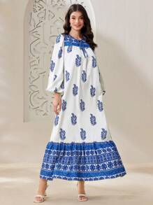 Al Najma Women's Arabic Lantern Sleeve Floral Printed Dress - Blue and White - View 7