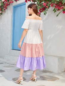 SHEIN Robe Décontractée Tissée Avec Épissure De Couleur Froncée, Épaules Dénudées, Ourlet À Volants, Pour Adolescente - Multicolore - Voir 2