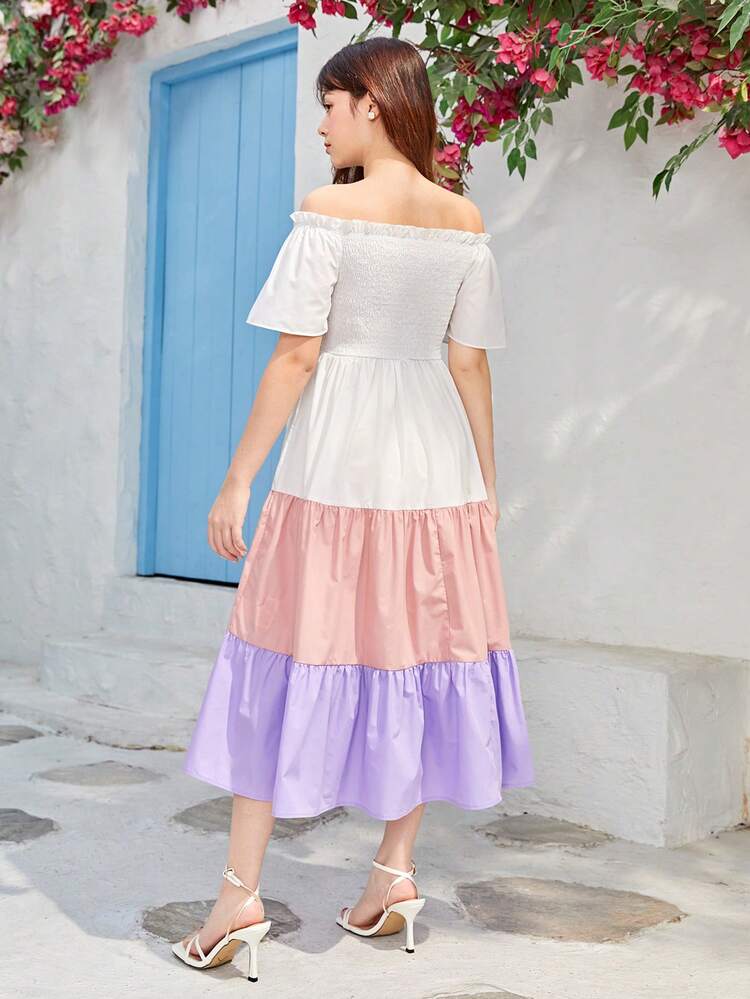 Teen Girl's Woven Splicing Color Shirred Off Shoulder Frill Hem Casual Dress