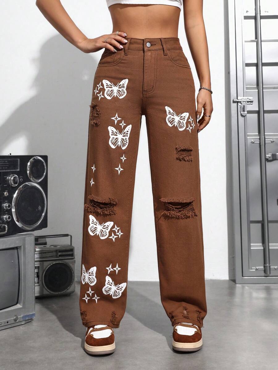 SHEIN PETITE Ladies' Butterfly Print Ripped Jeans