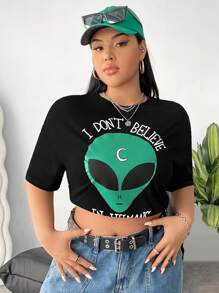 SHEIN EZwear Plus Alien & Slogan Graphic Drop Shoulder Tee - Black - View 1