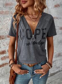 SHEIN LUNE Của phụ nữ Xám Ngắn tay In Liên hoan âm nhạc Lá thư Áo thun Áo sơ mi Cho mùa xuân Và Mùa hè - Màu xám đen - Xem 3