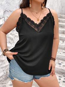 SHEIN CURVE+ Plus Size Spring Break Embroidered Mesh Trimmed Cami Black Top - Black - View 6
