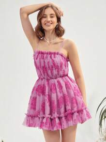 Enchnt Frill Trim Floral Mesh Cami Dress - Hot Pink - View 4