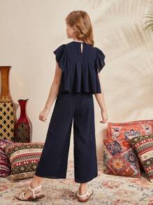 SHEIN Leap Crew 少女宽松休闲彼得潘领荷叶袖上衣和裤子套装