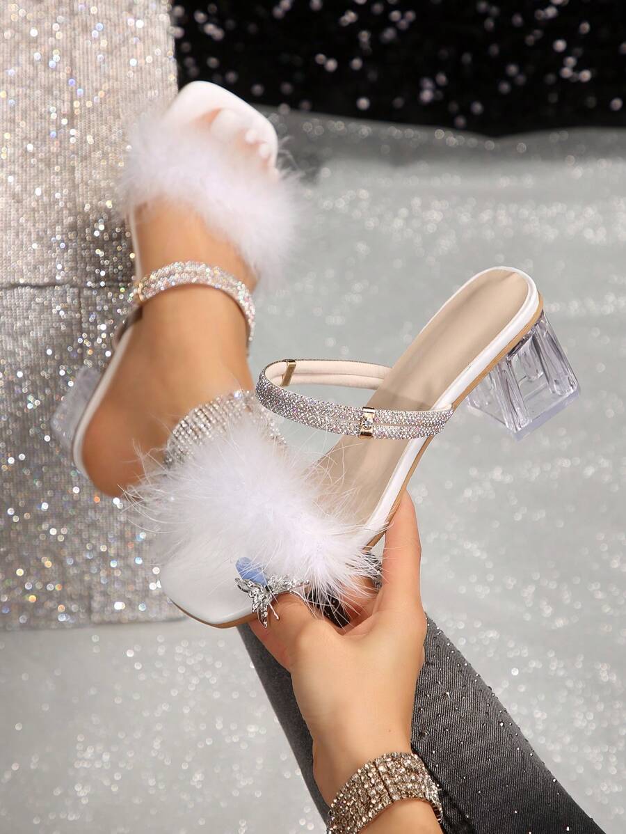 女士水晶粗跟高跟凉鞋，2 种穿法，水钻毛绒拖鞋，2024 年春夏新品 - 白色 - 查看 1