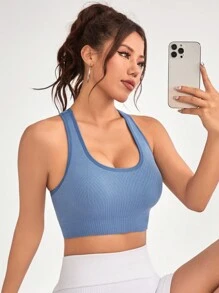 女士純色短款運動內衣 - 藍色 - 查看 3