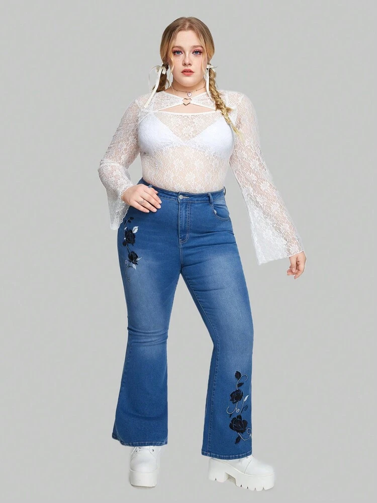 Plus Size Women'S Lace Hollow Out Heart Shaped Buckle Decor Long Sleeve Top