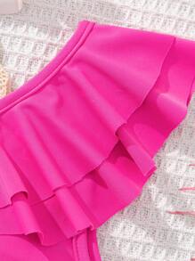 SHEIN 女婴荷叶边下摆连体泳衣，粉色 - 玫紅色 - 查看 6