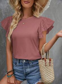 SHEIN Clasi Của phụ nữ Màu thuần Xu hướng: Cắt giảm Thêu Ngắn tay Áo thun - Bụi hồng - Xem 5