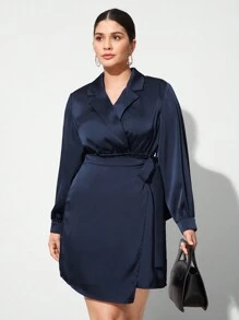 BizChic Plus Size Solid Color Surplice Wrap Belted Dress - Navy Blue - View 6