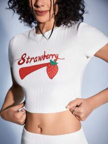 Forever 21 Women's Letter & Strawberry Print T-Shirt And Split Hem Skirt Set - Apricot - View 5