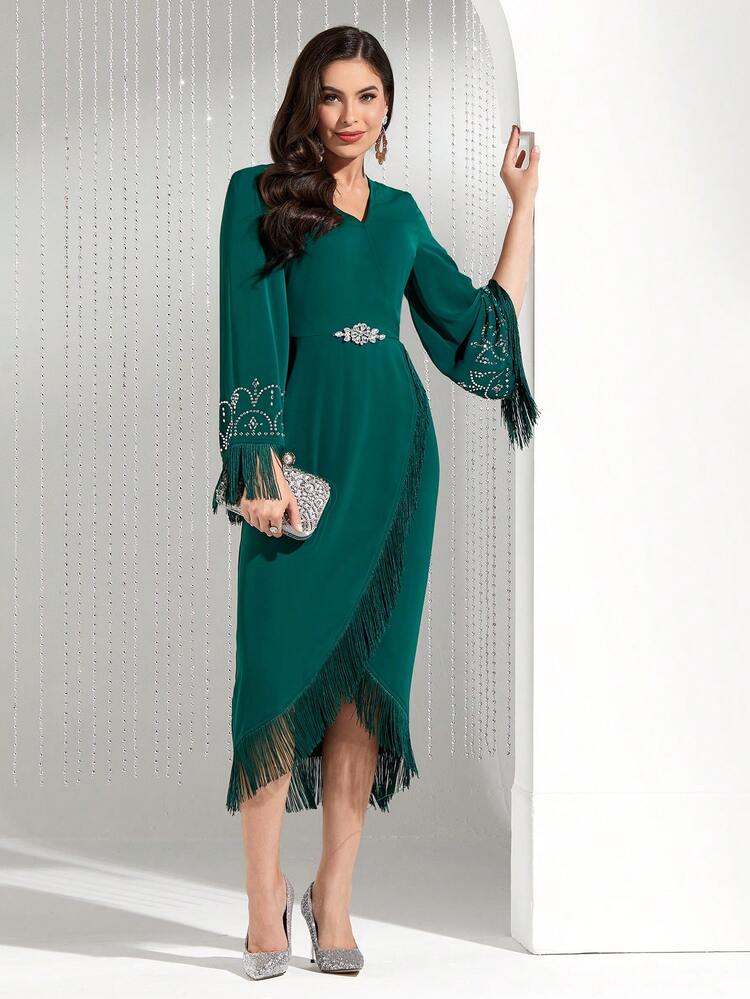 Women's Patchwork Fringed Sleeve Hem Dress Long Evening Dresses