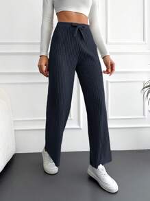 SHEIN Cottnline Ladies' Tie Waist Ribbed Wide Leg Pants - Navy Blue - View 4