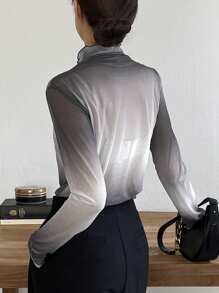 DAZY Ladies' Tie-Dye Mesh Long Sleeve Top - Light Grey - View 2