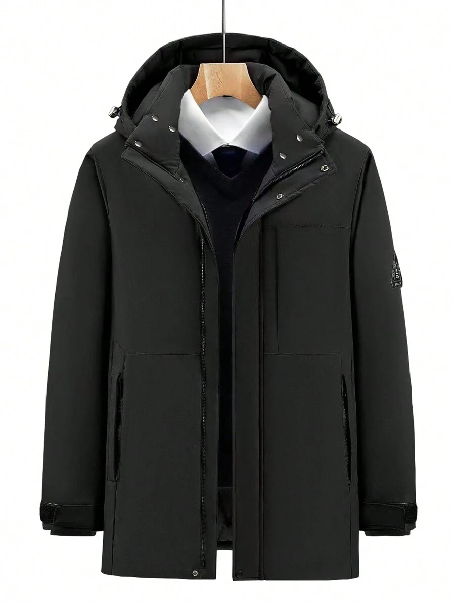 1 pieza Abrigo con capucha con cremallera y acolchado para hombre, Calentador - Negro - Ver 1