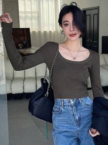 DAZY 女式修身圆领毛衣，长袖上衣秋季 - 灰色 - 查看 4