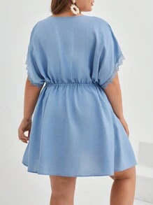 SHEIN VCAY 大尺碼女款純色蕾絲拼接及服寬鬆版型帶腰帶 - 淺藍色 - 查看 2