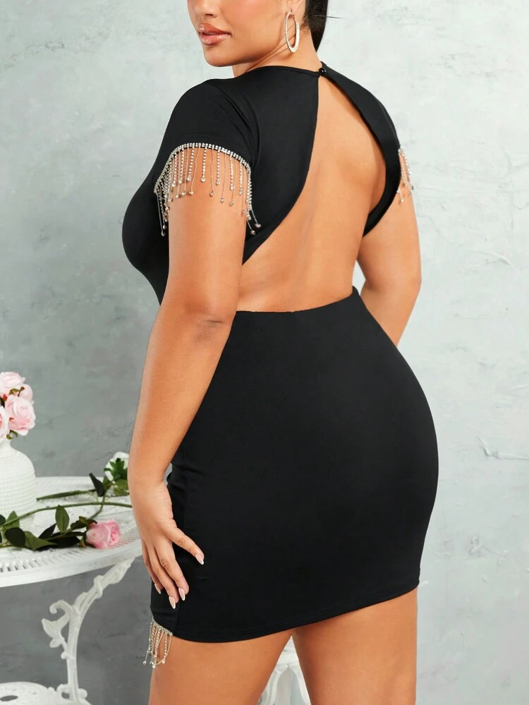 Plus Size Women's Gorgeous Sexy Diamond & Tassel Decor Open Back Bodycon Dress