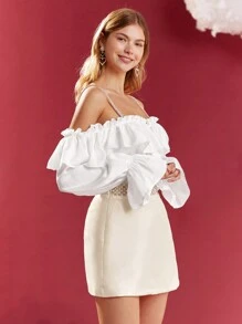 Enchnt Women Blouses Appliques Frill Ruffle Plain Lucu - Putih - View 6