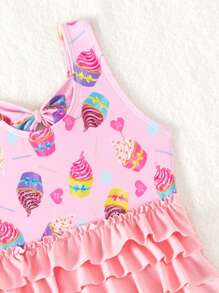 Young Girl's Layered Ruffle One-Piece Swimsuit With Cupcake Print - Multicolor - View 3