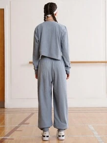 SHEIN Sports Women's Split Hem Cropped Top And Slant Pocket Pants Sportswear Set - Baby Blue - View 3