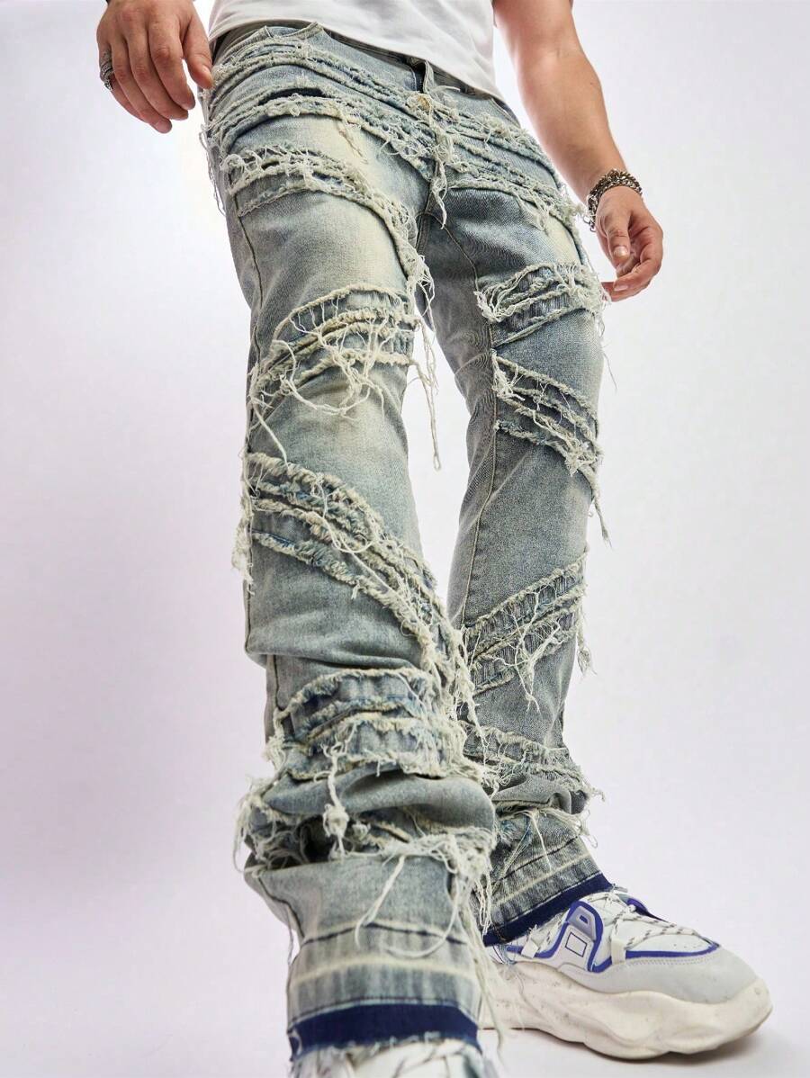 SHEIN Explorewe Nuevos Jeans Vintage Desgastados Para Adolescentes Con Remiendos Y Dobladillos Deshilachados, Casuales Y Elegantes - Azul lavado medio - Ver 1