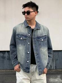 DAZY Men's Long Sleeve Denim Jacket - Washed Style,Fall Clothes - Medium Wash - View 4