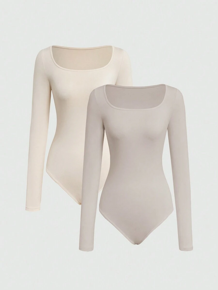 Sweetra Women's Slim Fit Long Sleeve Bodysuit With Scoop Neck Fall Cloth For Women - Khaki - View 1