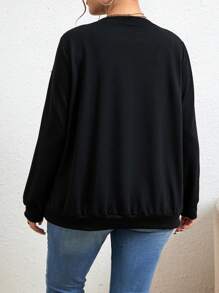 SHEIN LUNE 大尺碼仿珍珠裝飾長袖運動衫 - 黑色 - 查看 2