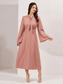 Modelyn 女士純色帶扣頸帶珍珠裝飾連衣裙 - 藕粉色 - 查看 4
