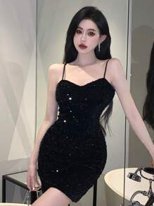 DAZY 女士纯色吊带性感连衣裙，生日、新年、夏季派对女士吊带裙、夜店装、返校节礼服、舞会礼服、亮片优雅女士连衣裙、嘉年华礼服 - 黑色 - 查看 3