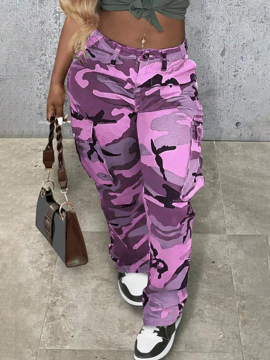 Women's Casual Camouflage Print Straight Leg Cargo Pants - 淡紫色 - 查看 1