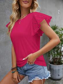 SHEIN Clasi 女式純色拼布鏤空刺繡短袖t卹 - 玫紅色 - 查看 6