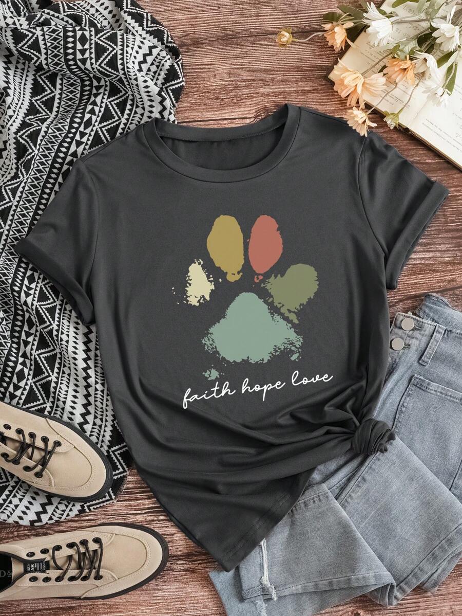 INAWLY Printed Short Sleeve T-Shirt Faith Hope Love Graphic Tees Women Tops - Dark Grey - View 1