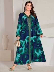 大码 V 领刺绣贴花长袖朴素连衣裙 - 彩色 - 查看 1