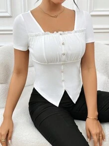 SHEIN Privé Asymmetric Hem Women's T-Shirt - White - View 3