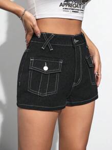 SHEIN EZwear Women's Color Blocking Stitching Denim Shorts - Black - View 3
