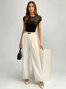 SHEIN Privé Ladies' Mesh Contrast Cap Sleeve T-Shirt With Nail Bead Decoration - Black - View 6