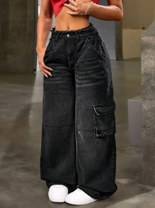 SHEIN ICON Women's Cargo Style Denim Pants With Pockets - Black - View 3