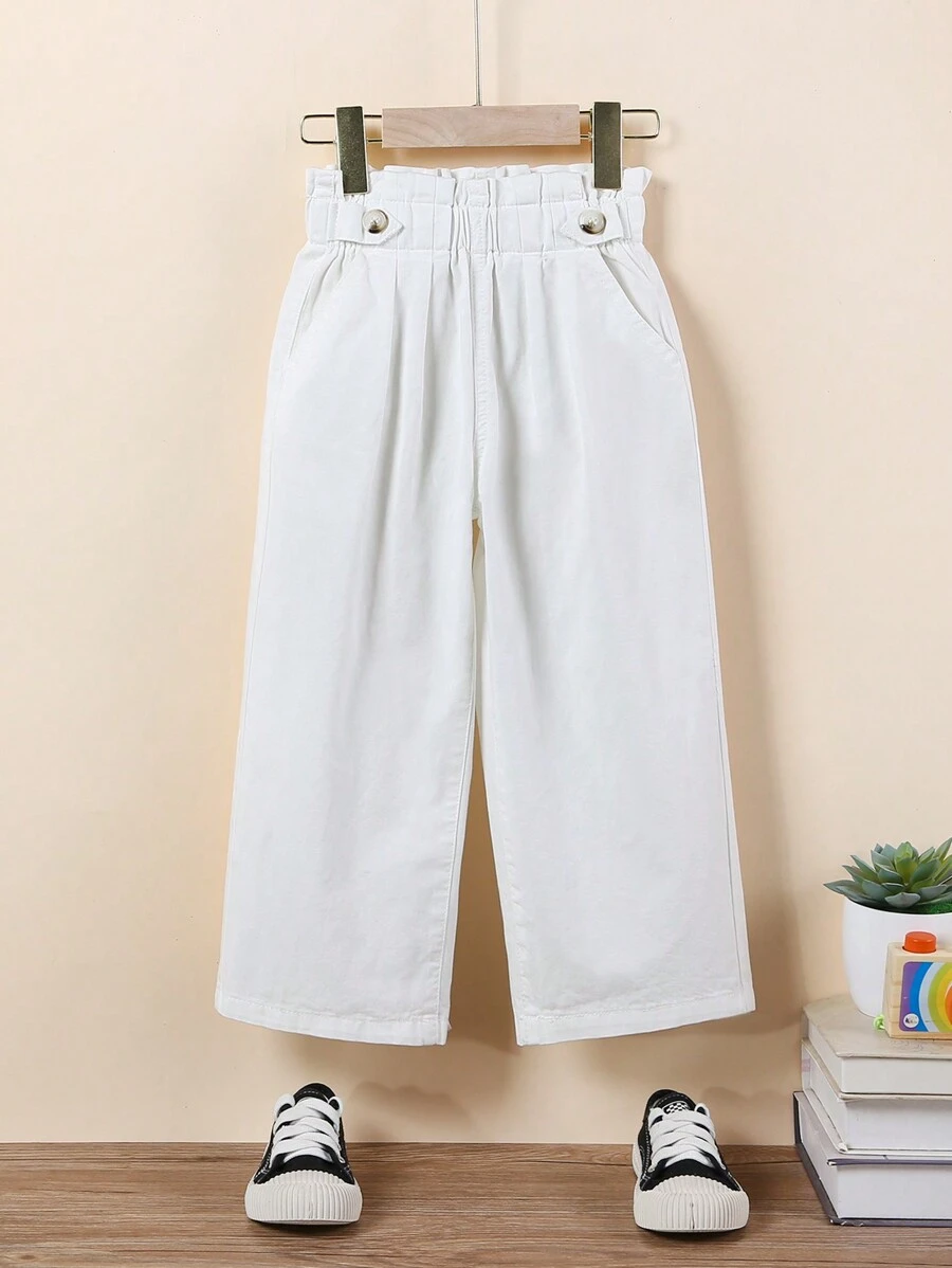 白色寬腿褲,適合年輕女孩,全彈性腰帶,可愛的花苞腰,寬鬆,舒適柔軟 - 白色 - 查看 1