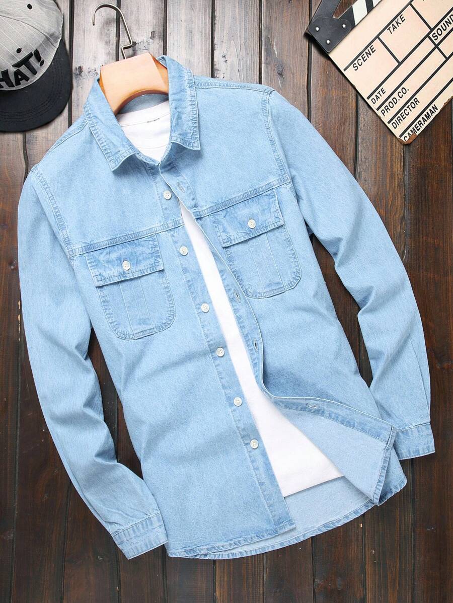 Manfinity Hypemode Men's Long Sleeve Casual Denim Shirt - Light Wash - View 1