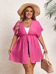 SHEIN VCAY Kimono rộng rãi buộc dây màu trơn cỡ lớn cho nữ có thắt lưng bản rộng mùa hè - Màu Hồng Tươi - Xem 1