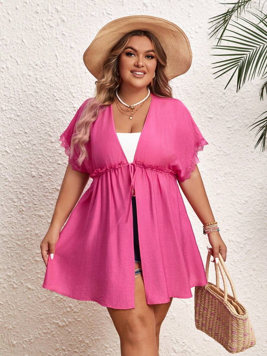 SHEIN VCAY Kimono rộng rãi buộc dây màu trơn cỡ lớn cho nữ có thắt lưng bản rộng mùa hè - Màu Hồng Tươi - Xem 1