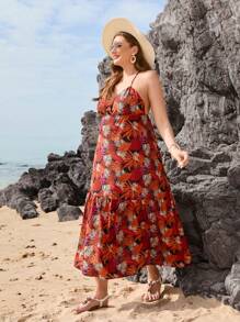 SHEIN VCAY Đầm dài cạp cao in họa tiết nhiệt đới màu đỏ cho ngày lễ bãi biển cỡ lớn có dây đeo có thể điều chỉnh - Nhiều màu - Xem 5