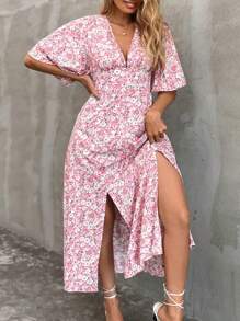 Breezaya Kích thước lớn Của phụ nữ Giường đôi In hoa Cổ chữ V sâu Tách Đầm - Đỏ - Xem 6